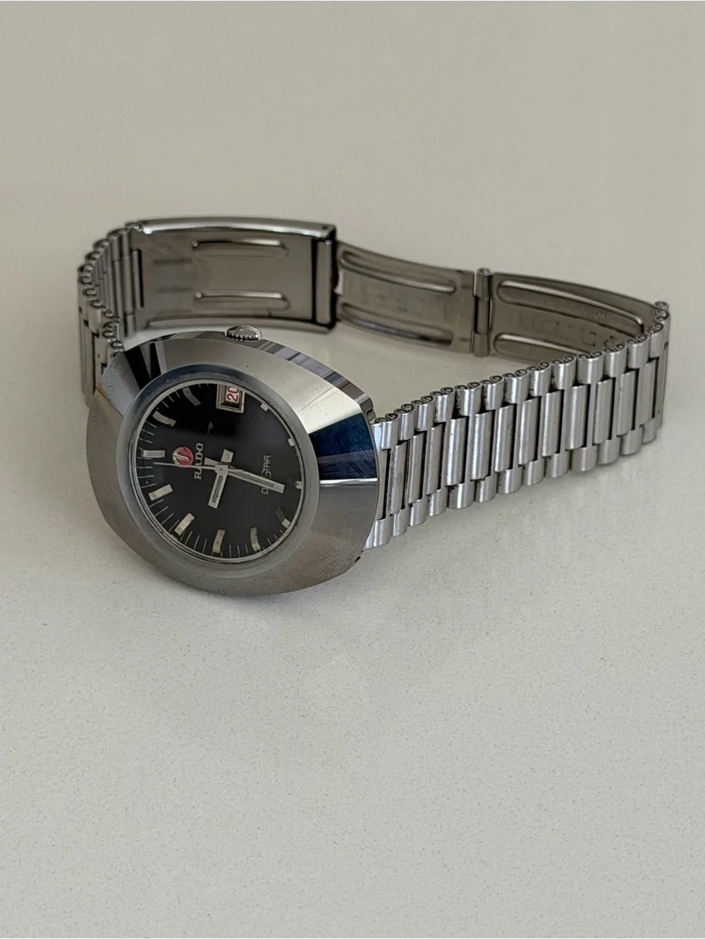 Rado Vintage Stainless Steel Watch with Black Dial and Red Logo